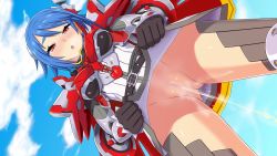 Rule 34 | 1girl, armor, armored boots, belt, black belt, blue hair, boots, breasts, breath, cape, cloud, dress, from below, gloves, grey footwear, grey thighhighs, hachiyou, headgear, highres, hou (hachiyou), long sleeves, looking down, mecha musume, medium breasts, no panties, open mouth, peeing, phantasy star, phantasy star online 2, pussy, red cape, red dress, red eyes, short hair, sky, standing, steam, stratos (pso2), thighhighs, uncensored, white dress