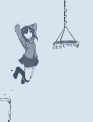 Rule 34 | 1girl, attempted suicide, blazer, blue theme, chain, cliff, bear trap, frown, full body, greyscale, hamsterfragment, jacket, jitome, jumping, monochrome, no nose, original, ribbon, sad, school uniform, short hair, socks, solo, suicidal girl (hamsterfragment), suicide