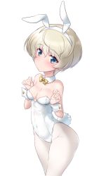 Rule 34 | 1girl, animal ears, blonde hair, blue eyes, blush, bow, bowtie, breasts, cleavage, covered erect nipples, fake animal ears, fake tail, girls und panzer, highres, kuzuryuu kennosuke, leotard, looking at viewer, open mouth, pantyhose, playboy bunny, rabbit ears, rabbit tail, shiny skin, short hair, simple background, small breasts, solo, standing, tail, white background, white leotard, white pantyhose, yellow bow, yellow bowtie, youko (girls und panzer)