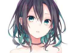 Rule 34 | 1girl, bare shoulders, black hair, blush, colored inner hair, commentary request, green eyes, green hair, hair between eyes, kuroi (liar-player), looking at viewer, multicolored hair, original, parted lips, portrait, simple background, solo, twitter username, two-tone hair, white background