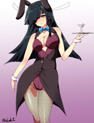 Rule 34 | 10s, 1girl, alcohol, animal ears, bare shoulders, black hair, blush, bow, bowtie, breasts, buttons, cherry, cleavage, commentary request, cup, drinking glass, fake animal ears, fishnet pantyhose, fishnets, food, fruit, gradient background, hair over one eye, hair ribbon, hayashimo (kancolle), highres, kakudai (hujikolp), kantai collection, leotard, long hair, medium breasts, pantyhose, playboy bunny, purple background, rabbit ears, ribbon, smile, solo, tray, twitter username, white background, wrist cuffs