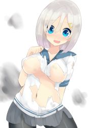 Rule 34 | 10s, 1girl, blue eyes, blush, breasts, contrapposto, cowboy shot, female focus, hair between eyes, hair ornament, hairclip, hamakaze (kancolle), ichijou (kr neru0), kantai collection, large breasts, looking at viewer, navel, open mouth, pantyhose, school uniform, serafuku, short hair, silver hair, skirt, solo, standing, torn clothes, wavy mouth