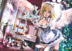 Rule 34 | 1girl, angel, angel wings, apron, bad id, bad nijie id, blonde hair, blue eyes, breasts, cleavage, food, frills, garter straps, large breasts, looking at viewer, maid, maid apron, maid headdress, solo, teapot, tes mel, thighhighs, tray, wings