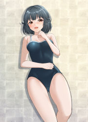 Rule 34 | 1girl, :d, absurdres, armpit crease, bang dream!, bare arms, bare shoulders, black hair, blue one-piece swimsuit, blunt bangs, blush, breasts, brown hair, collarbone, commentary request, cowboy shot, hand on own stomach, hand up, highres, indoors, knee up, looking at viewer, lying, medium breasts, on back, on floor, one-piece swimsuit, open mouth, ptal, school swimsuit, short hair, smile, solo, swimsuit, thighs, tile floor, tiles, ushigome rimi