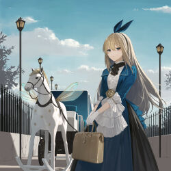 Rule 34 | 1girl, alice (alice in wonderland), alice in wonderland, bag, black dress, blue dress, carriage, cloud, commentary, dress, english commentary, fence, gloves, handbag, highres, holding, holding bag, insect wings, lamppost, light frown, long hair, looking at viewer, outdoors, rocking horse, sky, solo, wakuseiy, white gloves, wings