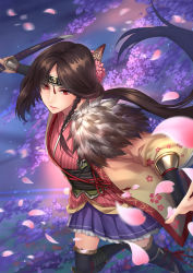 Rule 34 | 1girl, blue skirt, braid, brown hair, cherry blossoms, highres, japanese clothes, katana, long hair, ouka (toukiden), ponytail, red eyes, side braid, skirt, solo, sword, toukiden, very long hair, w rong, weapon