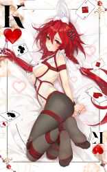 Rule 34 | 1girl, absurdres, animal ears, bdsm, black pantyhose, blush, bondage, bound, breasts, commentary request, commission, cosplay request, fake animal ears, feet, full body, hair ornament, hairclip, heart, highres, king (playing card), king of hearts (playing card), leotard, long hair, medium breasts, meisansan, neptune (series), no shoes, pantyhose, playboy bunny, rabbit ears, red eyes, red hair, restrained, second-party source, shibari, shin jigen game neptune vii, sideboob, soles, solo, tennouboshi uzume, toes, twintails, variant set, very long hair