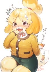 Rule 34 | 1girl, :3, ^^^, animal crossing, animal ears, animal nose, arm behind back, artist name, bag, blonde hair, blush, body fur, breasts, brown eyes, buttons, caught, chips (food), collared shirt, crumbs, dated, dog ears, dog girl, dog tail, embarrassed, female focus, food, food on face, furry, furry female, green skirt, hair tie, hand to own mouth, hand up, holding, holding bag, isabelle (animal crossing), jacket, japanese text, kiichi (ca0sf), long sleeves, looking at viewer, making-of available, miniskirt, motion lines, neck ribbon, nervous, nervous smile, nintendo, nose blush, open mouth, parted bangs, pencil skirt, plump, pocket, potato chips, red ribbon, ribbon, shirt, short hair, signature, simple background, sitting, skirt, small breasts, smile, solo, tail, thick thighs, thighs, topknot, translation request, twitter username, two-tone fur, white background, white fur, white shirt, wide-eyed, wide hips, yellow fur, yellow jacket
