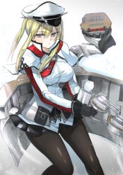 Rule 34 | 10s, 1girl, black gloves, black pantyhose, blonde hair, blue eyes, breasts, capelet, celtic knot, collarbone, female focus, fukuroumori, gloves, graf zeppelin (kancolle), hair between eyes, hat, kantai collection, large breasts, light rays, long hair, long sleeves, looking at viewer, machinery, mecha musume, miniskirt, pantyhose, peaked cap, popped collar, ribbon, simple background, skirt, solo, uniform