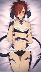 Rule 34 | 1girl, au ra, warrior of light (ff14), bed sheet, black bra, black panties, blush, bra, breasts, closed mouth, dragon girl, dragon horns, dragon tail, final fantasy, final fantasy xiv, hair over one eye, highres, horns, looking at viewer, lying, navel, on back, panties, red hair, scales, short hair, small breasts, smile, solo, tail, tostantan, underwear, underwear only, yellow eyes