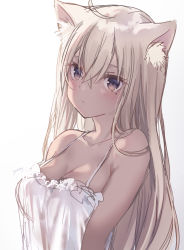 Rule 34 | 1girl, absurdres, ahoge, animal ear fluff, animal ears, armpit crease, bare shoulders, black eyes, breasts, cat ears, chemise, cleavage, closed mouth, collarbone, dark-skinned female, dark skin, grey hair, highres, jimmy madomagi, long hair, looking at viewer, medium breasts, mole, mole under eye, original, see-through, simple background, sleeveless, solo, spaghetti strap, upper body, white background