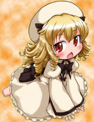 Rule 34 | 1girl, :&lt;, barefoot, blonde hair, blush, bow, chestnut mouth, child, dress, drill hair, female focus, frills, hat, hat bow, long hair, looking at viewer, luna child, open mouth, orange background, red eyes, seiza, sitting, sleeves past wrists, solo, tachikawa, touhou