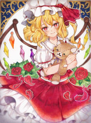 Rule 34 | 1girl, absurdres, blonde hair, blush, bright pupils, closed mouth, expressionless, flandre scarlet, flower, frilled shirt collar, frills, hair between eyes, hat, highres, looking at viewer, medium hair, miyabiii oekaki, mob cap, one side up, outline, petals, puffy short sleeves, puffy sleeves, red eyes, red flower, red rose, red skirt, red vest, revision, rose, rose petals, short sleeves, skirt, skirt set, solo, stuffed animal, stuffed toy, teddy bear, touhou, traditional media, vest, white outline, white pupils, wings