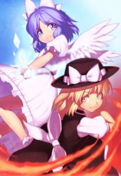 Rule 34 | &gt;:), 2girls, black dress, blonde hair, blush, bow, closed mouth, dress, feathered wings, fedora, hair bow, hat, hat bow, kaiza (rider000), looking at viewer, mai (touhou), multiple girls, puffy short sleeves, puffy sleeves, purple eyes, purple hair, short hair, short sleeves, smile, touhou, touhou (pc-98), v-shaped eyebrows, white bow, white dress, white wings, wings, yellow eyes, yuki (touhou)