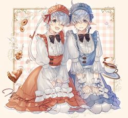 Rule 34 | 1boy, 1girl, ;d, adzuma nishi, alisaie leveilleur, alphinaud leveilleur, alternate costume, apron, black bow, black bowtie, blue dress, blue eyes, bow, bowtie, brother and sister, checkered background, commentary, cookie, crossdressing, cup, dress, earclip, earrings, elezen, elf, embarrassed, enmaided, final fantasy, final fantasy xiv, food, frilled dress, frills, full body, grey hair, hair over one eye, hair ribbon, jewelry, light blush, long hair, looking at viewer, low ponytail, maid, maid apron, maid day, maid headdress, one eye closed, open mouth, pie, pie slice, pointy ears, puffy sleeves, red dress, ribbon, saucer, seiza, siblings, single earring, sitting, smile, teacup, twins, v arms, wrist cuffs, yellow background