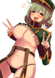Rule 34 | 1girl, absurdres, araga kiwi, blush, breasts, chaonin, coat, cow, double bun, double v, empty eyes, gluteal fold, green coat, green hair, green headwear, hair bun, highres, large breasts, leoparde (mahou shoujo ni akogarete), long sleeves, looking at viewer, mahou shoujo ni akogarete, midriff, mole, mole under eye, no pants, simple background, smile, solo, thighs, tongue, tongue out, v, white background
