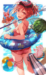 Rule 34 | 0 0, 1girl, :d, absurdres, ass, ball, bare legs, bare shoulders, beachball, blue sky, blush, breasts, casual one-piece swimsuit, creature, day, flippers, frilled swimsuit, frills, goggles, goggles on head, hat, highres, holding, holding staff, innertube, leg up, looking at viewer, looking back, michairu, one-piece swimsuit, open mouth, outdoors, red eyes, red hair, red one-piece swimsuit, running, short hair, short ponytail, sideboob, sky, small breasts, smile, solo, staff, straw hat, swim ring, swimsuit, thigh strap, yuuki yuuna, yuuki yuuna wa yuusha de aru, yuusha de aru