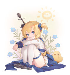 Rule 34 | 1girl, :t, arm rest, azur lane, bibimbub, blonde hair, blue capelet, blue eyes, blue footwear, blue ribbon, blush, candy, capelet, collared dress, commentary, commentary request, dress, flower, food, from side, frown, full body, gold trim, hair ribbon, highres, little renown (azur lane), lollipop, looking at viewer, manjuu (azur lane), nail, one side up, ribbon, sheath, sheathed, short hair, sitting, sun, sword, sword behind back, symbol-only commentary, thighhighs, thighs, weapon, weapon on back, white dress, white thighhighs
