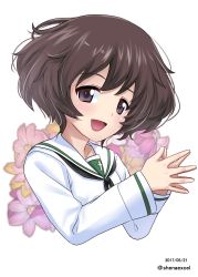 Rule 34 | 10s, 1girl, :d, akiyama yukari, black neckerchief, blouse, brown eyes, brown hair, commentary request, cropped torso, dated, floral background, girls und panzer, highres, long sleeves, looking at viewer, messy hair, neckerchief, one-hour drawing challenge, ooarai school uniform, open mouth, own hands together, portrait, school uniform, serafuku, shiina excel, shirt, short hair, smile, solo, twitter username, white background, white shirt