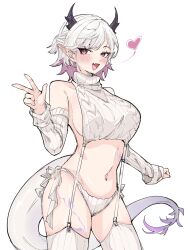 Rule 34 | 1girl, :d, alternate costume, bakmi jawa, blush, colored inner hair, dragon girl, dragon horns, dragon tail, evren, fang, gabriel abyssia, heart, highres, horns, indonesian commentary, leg tattoo, meme attire, multicolored hair, navel, open mouth, panties, pink eyes, pink hair, pointy ears, simple background, smile, stomach, tail, tattoo, tongue, underwear, virgin destroyer sweater, virtual youtuber, white background, white hair, white panties