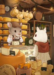 Rule 34 | 1boy, 1girl, barrel, basket, bottle, brown headwear, cheese, christmas lights, clock, commentary request, dress, english text, food, fujiwara yoshito, furry, furry female, furry male, highres, holding, holding basket, indoors, long sleeves, looking at another, mouse (animal), original, red eyes, scales, shop, whiskers, wine bottle