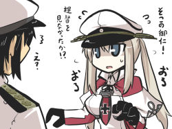 Rule 34 | 10s, 1boy, 1girl, admiral (kancolle), black gloves, blonde hair, blue eyes, gloves, goma (gomasamune), graf zeppelin (kancolle), hat, kantai collection, military, military uniform, open mouth, peaked cap, sweatdrop, translation request, twintails, uniform