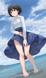 Rule 34 | 1girl, amagami, barefoot, belt, belt buckle, black hair, blouse, blue skirt, blue sky, blush, botan m, brown belt, brown eyes, buckle, casual, clothes lift, cloud, commentary, dutch angle, from below, frown, full body, hair between eyes, highres, knees together feet apart, legs, long skirt, long sleeves, looking at viewer, looking down, nanasaki ai, ocean, outdoors, partially submerged, shirt, short hair, skirt, skirt lift, skirt tug, sky, solo, standing, toes, wading, water, white shirt, wind, wind lift