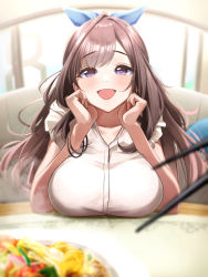 Rule 34 | 1girl, absurdres, blouse, breast rest, breasts, breasts on table, fisheye, happy, highres, idolmaster, idolmaster million live!, large breasts, long hair, looking at viewer, open mouth, pov, pov across table, shirt, smile, solo, tagme, tera2001, tsukioka kogane, white shirt