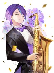 Rule 34 | 1boy, black jacket, black pants, blouse, blue hair, bow, bowtie, closed mouth, commentary request, confetti, ear piercing, flower, glint, highres, holding, holding instrument, instrument, jacket, kamishiro rui, looking at viewer, male focus, multicolored hair, pants, piercing, project sekai, purple bow, purple bowtie, purple flower, purple hair, purple vest, saxophone, shirt, smile, solo, sparkle, streaked hair, tuxedo, vest, white shirt, wing collar, yellow eyes, yuhi (hssh 6)