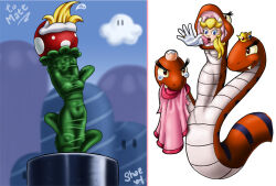 Rule 34 | 1girl, blonde hair, crown, fangs, helpless, imminent death, inside creature, mario (series), nintendo, peril, piranha plant, princess, princess peach, reptile, scared, shaxbert, signature, snake, super mario bros. 1, super mario bros. 2, swallowing, three heads, torn clothes, tryclyde, vore
