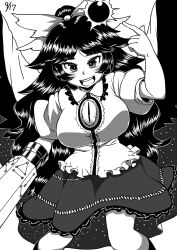 Rule 34 | 1girl, :d, arm at side, arm cannon, arm up, bird wings, black sun, bow, breasts, buttons, cape, collared shirt, control rod, dated, eyelashes, feet out of frame, frilled shirt, frilled shirt collar, frills, greyscale, hair bow, highres, index finger raised, komusou (jinrikisha), large breasts, legs apart, long hair, looking at viewer, monochrome, open mouth, print cape, puffy short sleeves, puffy sleeves, reiuji utsuho, shirt, short sleeves, skirt, slit pupils, smile, socks, solo, standing, starry sky print, sun, tareme, taut clothes, taut shirt, third eye, third eye on chest, touhou, very long hair, weapon, wing collar, wings