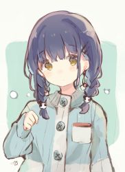 Rule 34 | 1girl, black hair, blue jacket, blush, braid, brown eyes, closed mouth, commentary request, earrings, hair ornament, hairclip, hand up, head tilt, jacket, jewelry, long hair, long sleeves, original, sencha (senta 10), sleeves past wrists, solo, twin braids, twintails, upper body