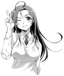 Rule 34 | 1girl, ahoge, breasts, face, greyscale, grin, large breasts, monochrome, necktie, one eye closed, smile, solo, sweater vest, wink, yamaguchi homupe