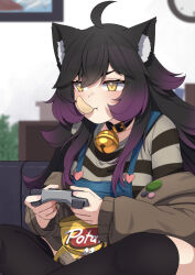 Rule 34 | 1girl, animal ear fluff, animal ears, antenna hair, bag of chips, bell, black hair, black thighhighs, blurry, blurry background, chips (food), clock, controller, fleshy (vtuber), food, food in mouth, game controller, highres, holding, holding controller, holding game controller, indie virtual youtuber, indoors, jacket, jingle bell, long sleeves, multicolored hair, neck bell, playing games, potato chips, purple hair, shirt, sitting, solo, thighhighs, valefal coneri, virtual youtuber, wolf ears, wolf girl, yellow eyes
