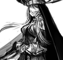Rule 34 | 1girl, anmita (rarutos), breasts, closed mouth, commentary request, dress, greyscale, hair over eyes, hat, hollow song of birds, large breasts, long hair, monochrome, original, set-taishou, simple background, sketch, smile, solo, touhou, veil, white background