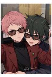Rule 34 | 2boys, black hair, black sweater, blazer, blue eyes, closed mouth, commentary request, ensemble stars!, hair between eyes, head on another&#039;s shoulder, heterochromia, highres, holding, hug, hug from behind, itsuki shu, jacket, juma (wolf81gizinka), kagehira mika, lapels, long sleeves, looking at another, looking at viewer, lower teeth only, male focus, multiple boys, notched lapels, one eye closed, open clothes, open jacket, open mouth, pink hair, short bangs, short hair, sunglasses, sweater, teeth, turtleneck, turtleneck sweater, twitter username, upper body, valkyrie (ensemble stars!), window, yaoi, yellow eyes