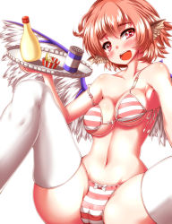 Rule 34 | 1girl, animal ears, bare shoulders, bikini, blush, breasts, highres, large breasts, mystia lorelei, navel, open mouth, pink hair, short hair, smile, solo, striped bikini, striped clothes, swimsuit, thighhighs, touhou, white thighhighs, wings, zan (harukahime)