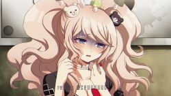 Rule 34 | 1girl, bear hair ornament, black shirt, blonde hair, blue eyes, blush, breasts, cleavage, collarbone, commentary, criis-chan, danganronpa: trigger happy havoc, danganronpa (series), derivative work, enoshima junko, hair ornament, hands up, highres, long hair, mushroom, nail polish, necktie, open mouth, red nails, screenshot redraw, shaded face, shirt, solo, tearing up, twintails, twitter username