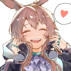 Rule 34 | 1girl, :d, ^ ^, amiya (arknights), animal ears, arknights, ascot, blue ascot, blush, brown hair, chern0, chinese commentary, closed eyes, commentary request, hands up, heart, jewelry, open mouth, portrait, rabbit ears, ring, simple background, smile, solo, spoken heart, white background