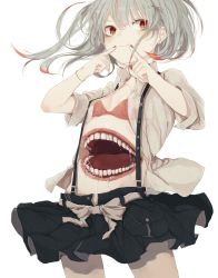 Rule 34 | 1girl, belt, bra, bracelet, breasts, collarbone, dress shirt, earrings, extra mouth, fang, fingersmile, fork, garter straps, grey hair, hair ornament, highres, jewelry, long sleeves, looking at viewer, monster girl, nail polish, original, pleated skirt, pouch, red eyes, ribbon, saliva, shirt, simple background, skirt, small breasts, smile, solo, stomach, stud earrings, teeth, unbuttoned, underwear, white background, yukima (yushika)