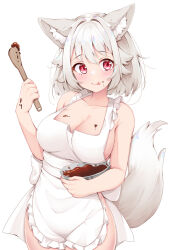 Rule 34 | 1girl, :p, animal ears, apron, breasts, chocolate, cleavage, collarbone, holding, inubashiri momiji, large breasts, rururiaru, simple background, solo, tail, tongue, tongue out, touhou, wolf ears, wolf tail