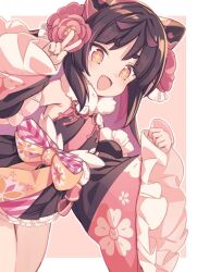 Rule 34 | + +, 1girl, :d, animal ears, bare shoulders, black hair, black kimono, black skirt, black sleeves, brown background, cat ears, commentary request, detached sleeves, fang, flower, hair flower, hair ornament, hands up, highres, japanese clothes, kimono, long hair, long sleeves, natsuki teru, nekoyama nae, open mouth, pink eyes, pink flower, pleated skirt, short eyebrows, skirt, sleeveless, sleeveless kimono, sleeves past wrists, smile, solo, thick eyebrows, toranoana, two-tone background, v, virtual youtuber, white background, wide sleeves