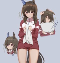 Rule 34 | 1girl, admire vega (umamusume), alternate costume, animal ears, blush, brown hair, commentary request, eating, hair ornament, highres, horse ears, horse tail, jacket, jersey, long hair, looking at viewer, pillow, ponytail, ryouta (ryouta335), shorts, simple background, smile, solo, tail, track jacket, track suit, translation request, umamusume