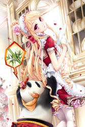 Rule 34 | 1girl, apron, bamboo, blonde hair, bow, cinia pacifica, dishes, drill hair, flower, frills, headdress, long hair, looking back, lowres, maid, maid apron, panda, pantyhose, penika (sword girls), pink eyes, ribbon, rose, scarf, spoken object, sword girls, thighhighs, towel, white thighhighs