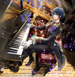 Rule 34 | 2girls, 6+boys, black footwear, blue eyes, blue flower, blurry, bokeh, company name, crowd, depth of field, dutch angle, flower, gloves, gyakushuu no fantasica, high heels, indoors, instrument, multiple boys, multiple girls, music, official art, piano, piano bench, playing instrument, rinneroll, short hair, sitting, solo focus, theater, white gloves