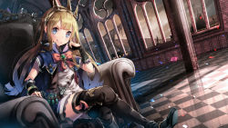 Rule 34 | &gt;:), 10s, 1girl, bad id, bad pixiv id, black footwear, black thighhighs, blonde hair, blue eyes, blue skirt, blush, boots, bow, bowtie, brooch, cagliostro (dark) (granblue fantasy), cagliostro (granblue fantasy), capelet, checkered floor, cloud, cloudy sky, couch, crossed legs, dress shirt, granblue fantasy, grin, hairband, highres, indoors, jewelry, long hair, looking at viewer, miniskirt, red bow, red bowtie, reflective floor, saraki, shirt, sidelocks, sitting, skirt, sky, smile, solo, test tube, thighhighs, tiara, v-shaped eyebrows, white shirt, zettai ryouiki