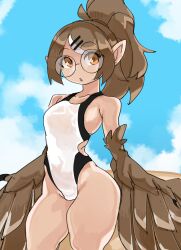 Rule 34 | 1girl, absurdres, bare shoulders, breasts, brown feathers, brown hair, brown wings, claws, commentary, commission, english commentary, evelyn (kibix1), feathered wings, feathers, glasses, hair ornament, hairclip, harpy, high ponytail, highres, long hair, looking at viewer, monster girl, multicolored hair, one-piece swimsuit, open mouth, orange eyes, original, pointy ears, ponytail, round eyewear, second-party source, small breasts, solo, streaked hair, swimsuit, white hair, white one-piece swimsuit, wide hips, winged arms, wings, zanamaoria