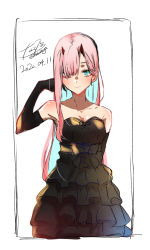 Rule 34 | 1girl, 2020, absurdres, arm behind back, black dress, black gloves, blue eyes, closed mouth, collarbone, cowboy shot, darling in the franxx, dated, dress, elbow gloves, gloves, hair over one eye, hand in own hair, highres, horns, layered dress, long hair, looking at viewer, makeup, mascara, nakoya (nane cat), pink hair, shiny skin, signature, sketch, sleeveless, sleeveless dress, smile, solo, standing, strapless, strapless dress, twintails, twitter username, very long hair, white background, zero two (darling in the franxx)