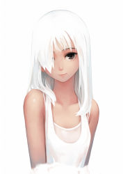 Rule 34 | 1girl, bare arms, brown eyes, collarbone, hair over one eye, highres, long hair, looking at viewer, oopartz yang, original, simple background, solo, upper body, white background, white hair