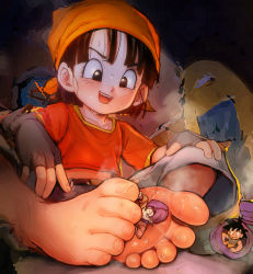 Rule 34 | 1girl, 2boys, :d, bandana, barefoot, black eyes, black hair, blush, collarbone, commission, dragon ball, dragon ball gt, feet, fingerless gloves, foot focus, giant, giantess, gloves, highres, jacket, multiple boys, open mouth, orange bandana, pan (dragon ball), purinsoul, purple hair, red shirt, second-party source, shirt, shoes, size difference, smell, smile, soles, son goku, sweat, teeth, toes, trunks (dragon ball), unworn shoes, upper teeth only